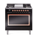 ILVE Nostalgie II Noblesse 36-Inch Propane Gas Dual Fuel Range and Solid Door Oven in Glossy Black with Copper Trim (UN36FQNMPBKPLP)