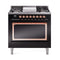 ILVE Nostalgie II Noblesse 36-Inch Propane Gas Dual Fuel Range and Solid Door Oven in Glossy Black with Copper Trim (UN36FQNMPBKPLP)
