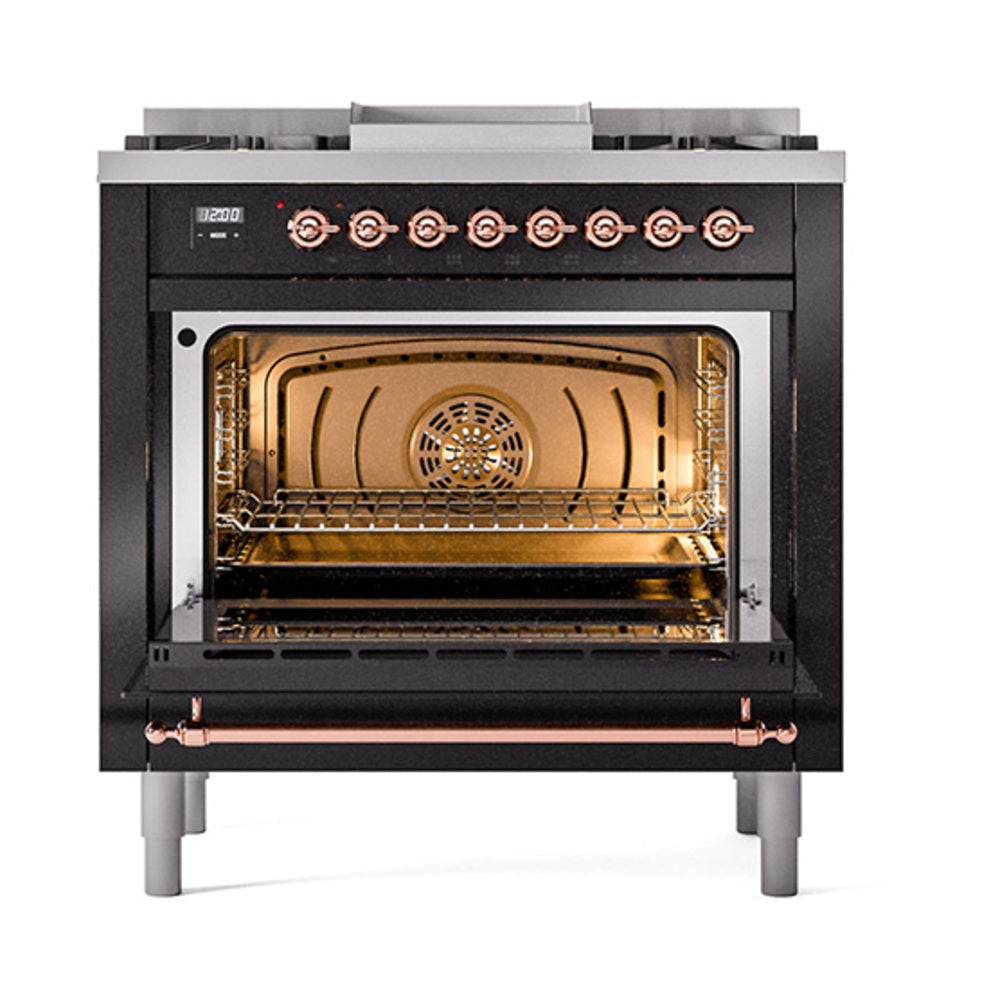 Dual fuel range oven door open, showing stainless racks and burner air vent