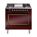 ILVE Nostalgie II Noblesse 36-Inch Natural Gas Dual Fuel Range and Solid Door Oven in Burgundy with Bronze Trim (UN36FQNMPBUB)