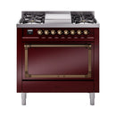 ILVE Nostalgie II Noblesse 36-Inch Propane Gas Dual Fuel Range and Solid Door Oven in Burgundy with Bronze Trim (UN36FQNMPBUBLP)