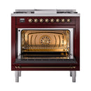 ILVE Nostalgie II Noblesse 36-Inch Propane Gas Dual Fuel Range and Solid Door Oven in Burgundy with Bronze Trim (UN36FQNMPBUBLP)