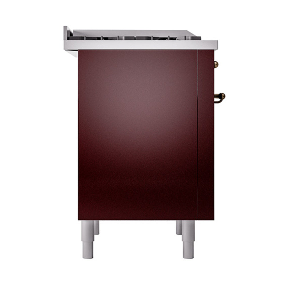 Burgundy solid oven door on ILVE dual fuel range with bronze handle pair