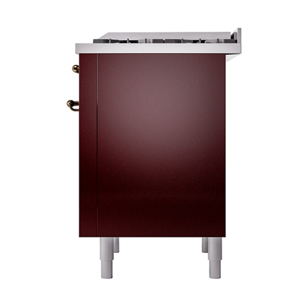 Burgundy range side panel with bronze handle brackets and visible leveling feet