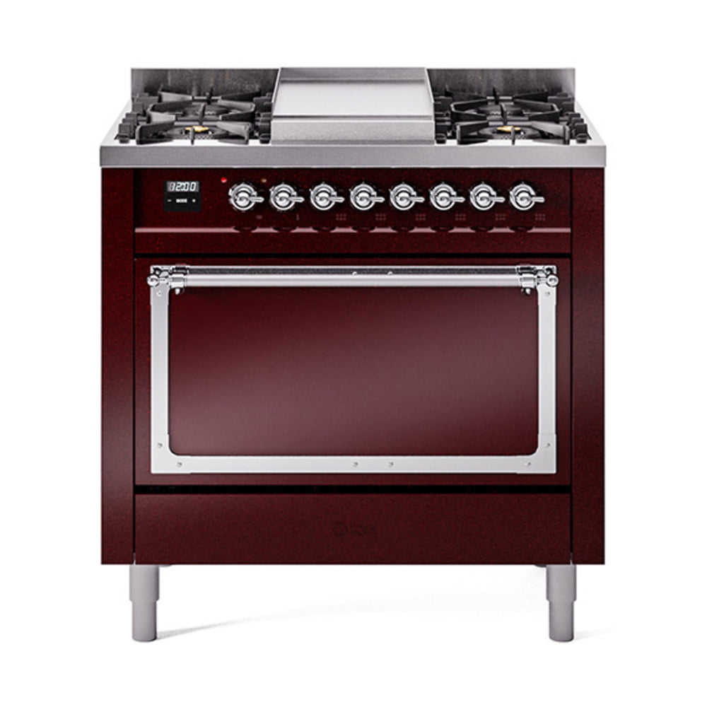 Burgundy gas range with solid door oven, chrome trim, and control knobs