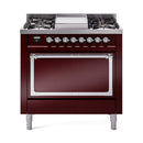 ILVE Nostalgie II Noblesse 36-Inch Propane Gas Dual Fuel Range and Solid Door Oven in Burgundy with Chrome Trim (UN36FQNMPBUCLP)