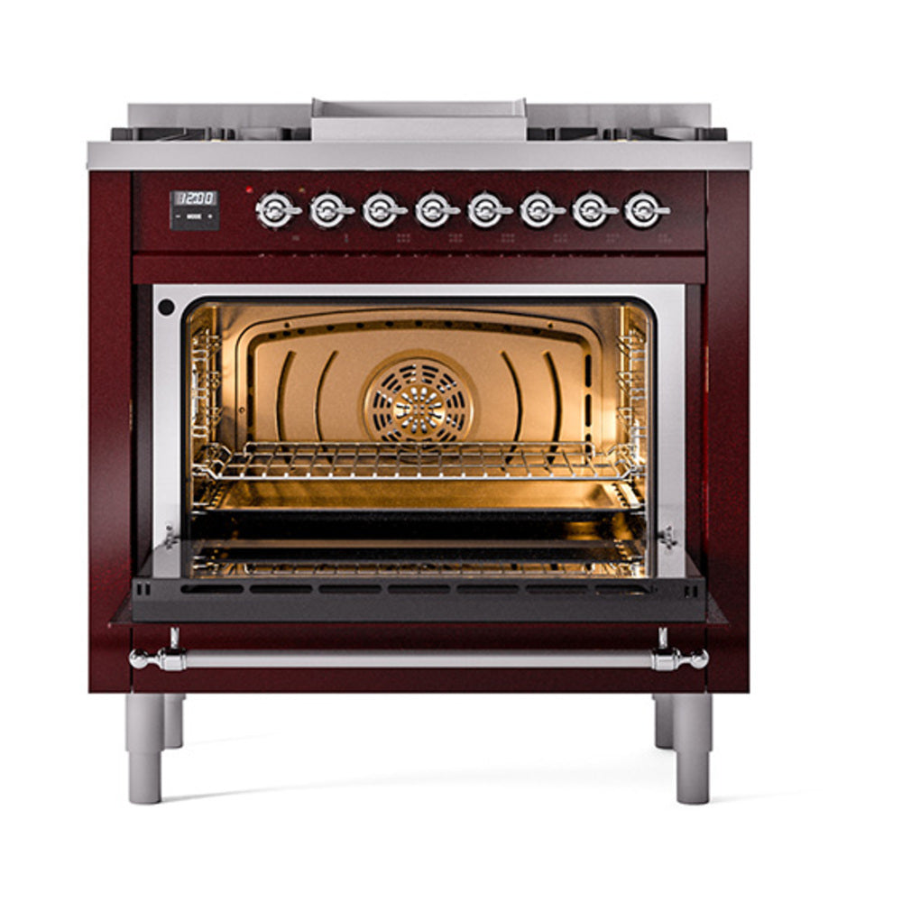 Burgundy dual fuel range oven door open, showing interior racks and burner vents