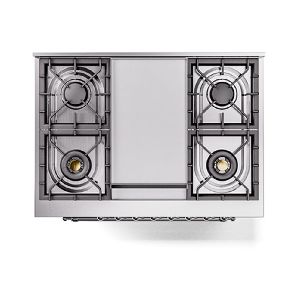 Dual-fuel cooktop with four burners and cast-iron grates in silver