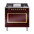 ILVE Nostalgie II Noblesse 36-Inch Natural Gas Dual Fuel Range and Solid Door Oven in Burgundy with Brass Trim (UN36FQNMPBUG)