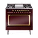 ILVE Nostalgie II Noblesse 36-Inch Propane Gas Dual Fuel Range and Solid Door Oven in Burgundy with Brass Trim (UN36FQNMPBUGLP)