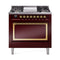 ILVE Nostalgie II Noblesse 36-Inch Propane Gas Dual Fuel Range and Solid Door Oven in Burgundy with Brass Trim (UN36FQNMPBUGLP)