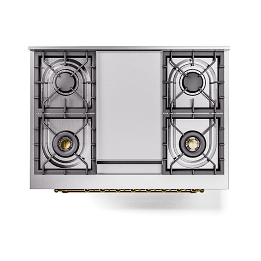 Dual fuel range top view with four recessed burners and layout cover in metallic finish