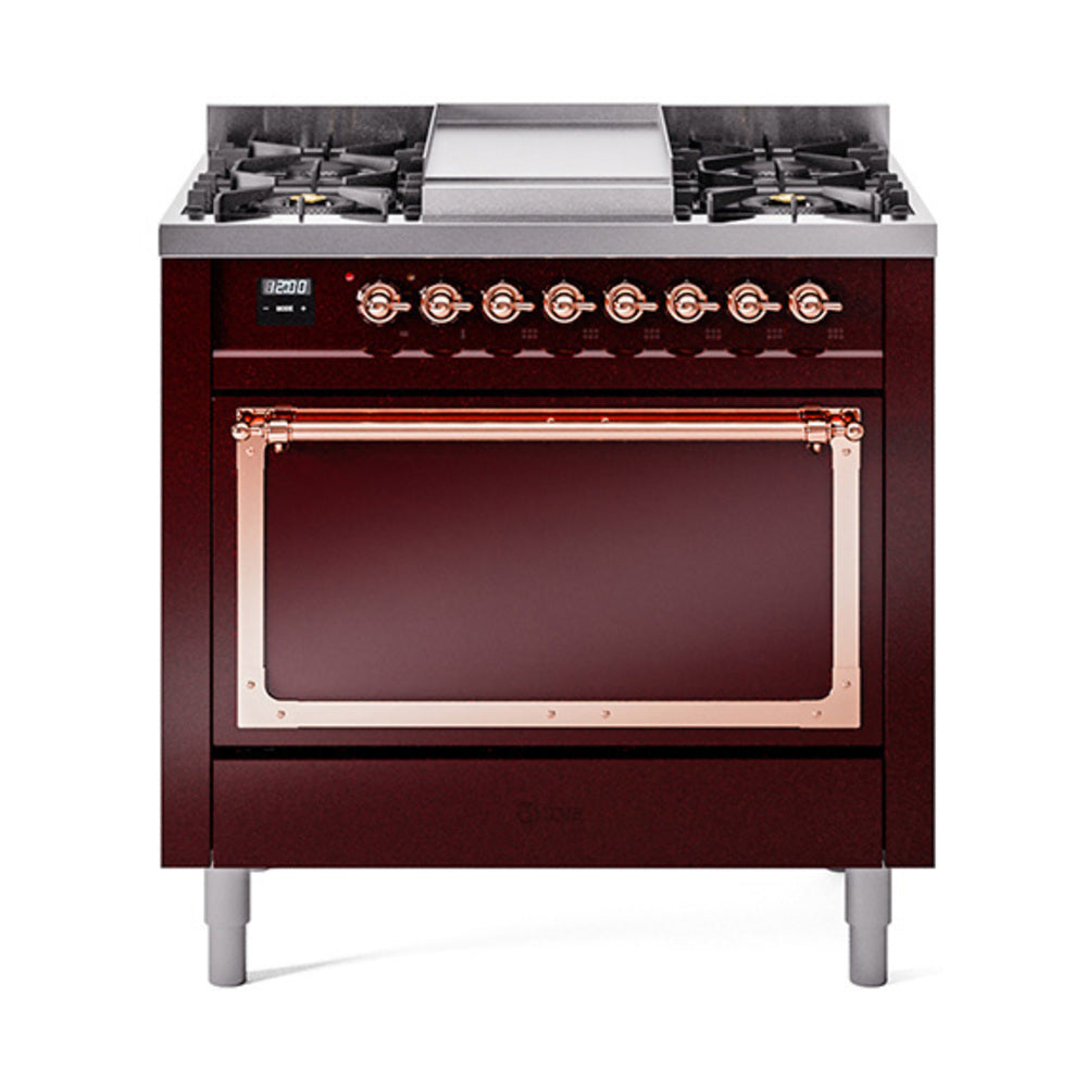 Burgundy dual fuel range with copper-trim control knobs and oven door