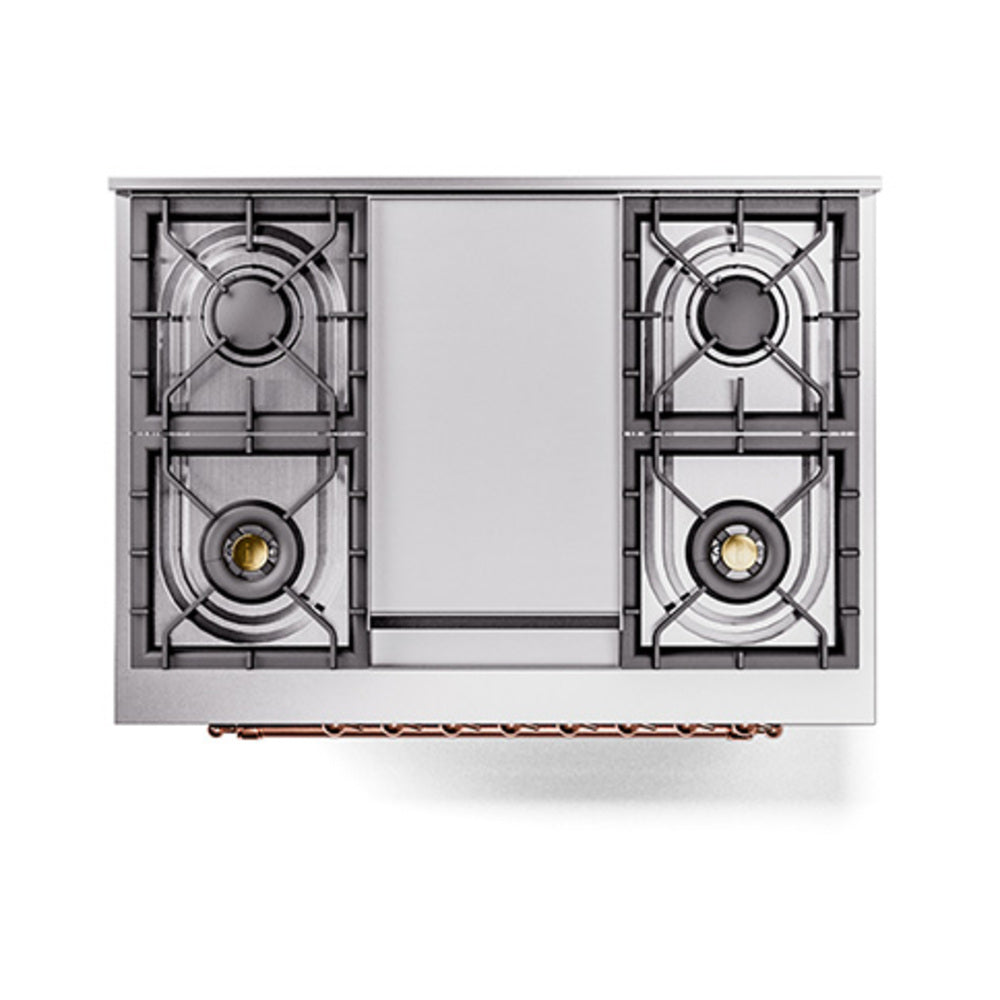 Dual-fuel range cooktop with four burners and matching burner grates