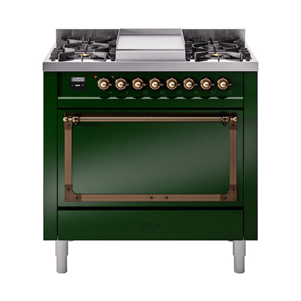 Emerald green 36-inch dual fuel gas range with bronze-trimmed solid-door oven, front view