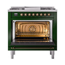 ILVE Nostalgie II Noblesse 36-Inch Natural Gas Dual Fuel Range and Solid Door Oven in Emerald Green with Bronze Trim (UN36FQNMPEGB)