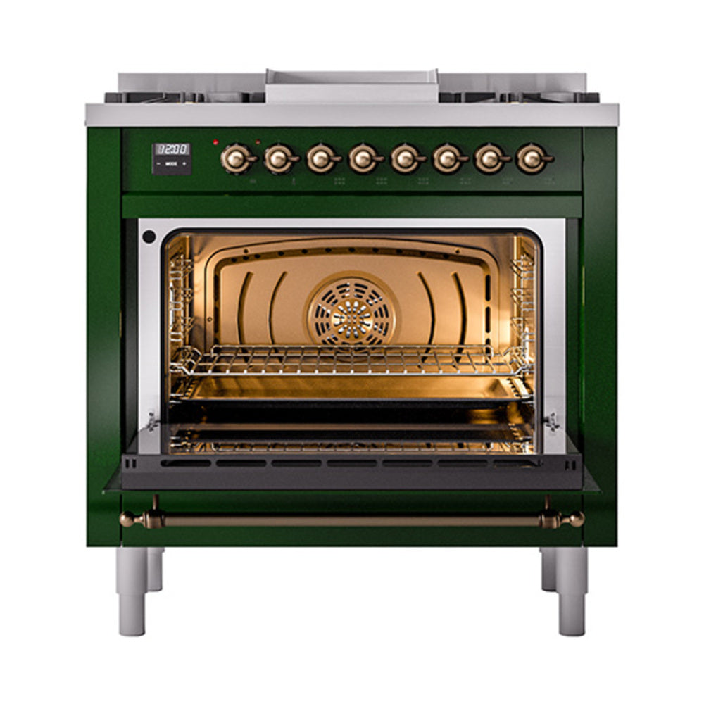 Emerald green dual fuel range with open solid-door oven and control knobs, bronze accents