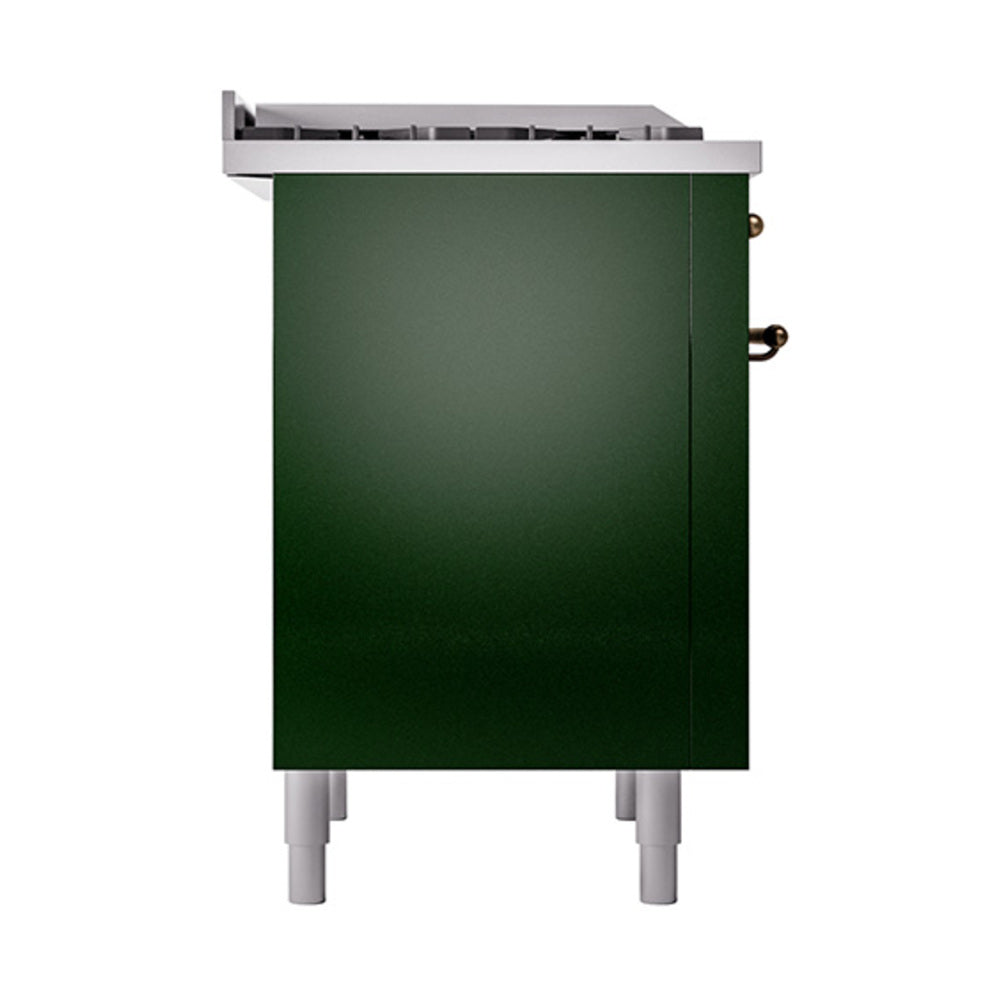 Emerald green range back panel with bronze handle knobs and stainless cooktop underside