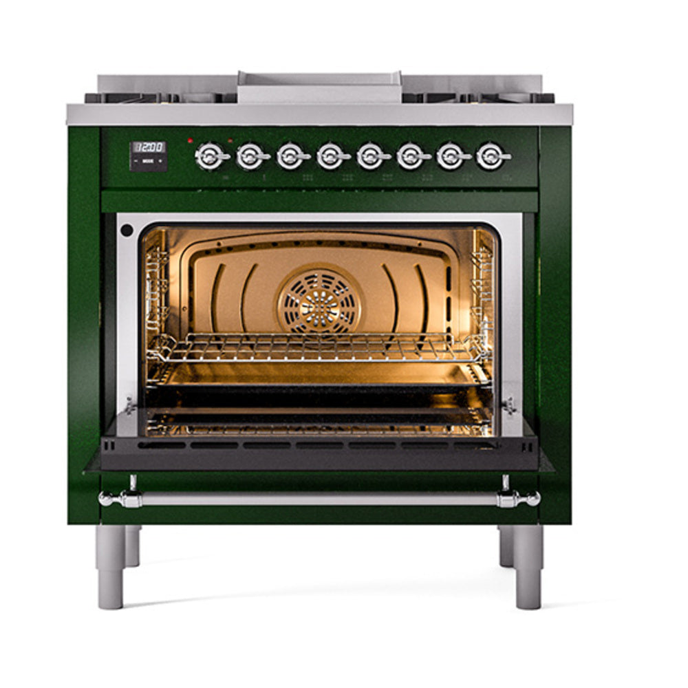 Emerald green dual-fuel range with open oven door showing interior racks and heating