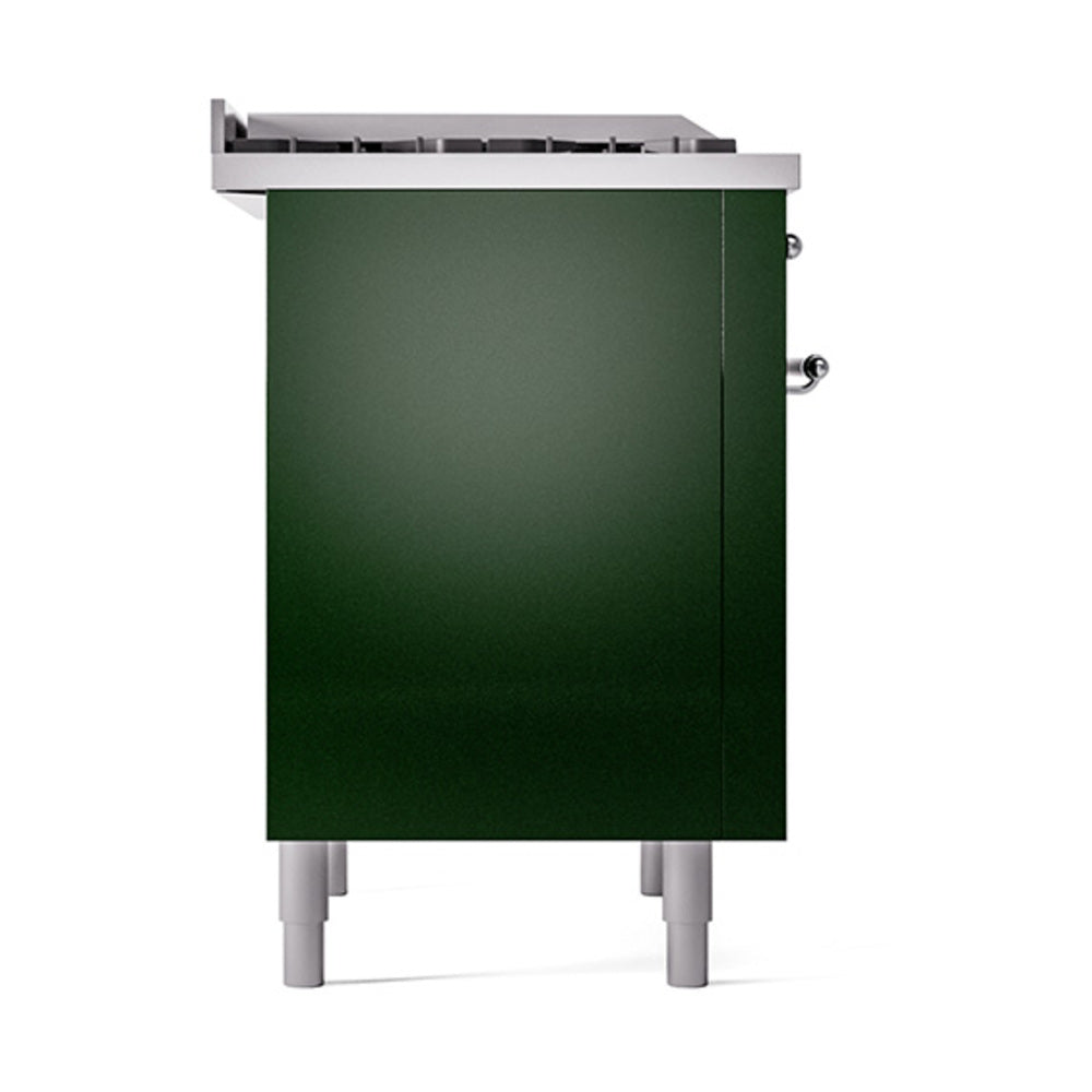 Emerald green dual-fuel gas range side view with chrome top and trim hardware
