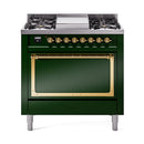 ILVE Nostalgie II Noblesse 36-Inch Natural Gas Dual Fuel Range and Solid Door Oven in Emerald Green with Brass Trim (UN36FQNMPEGG)