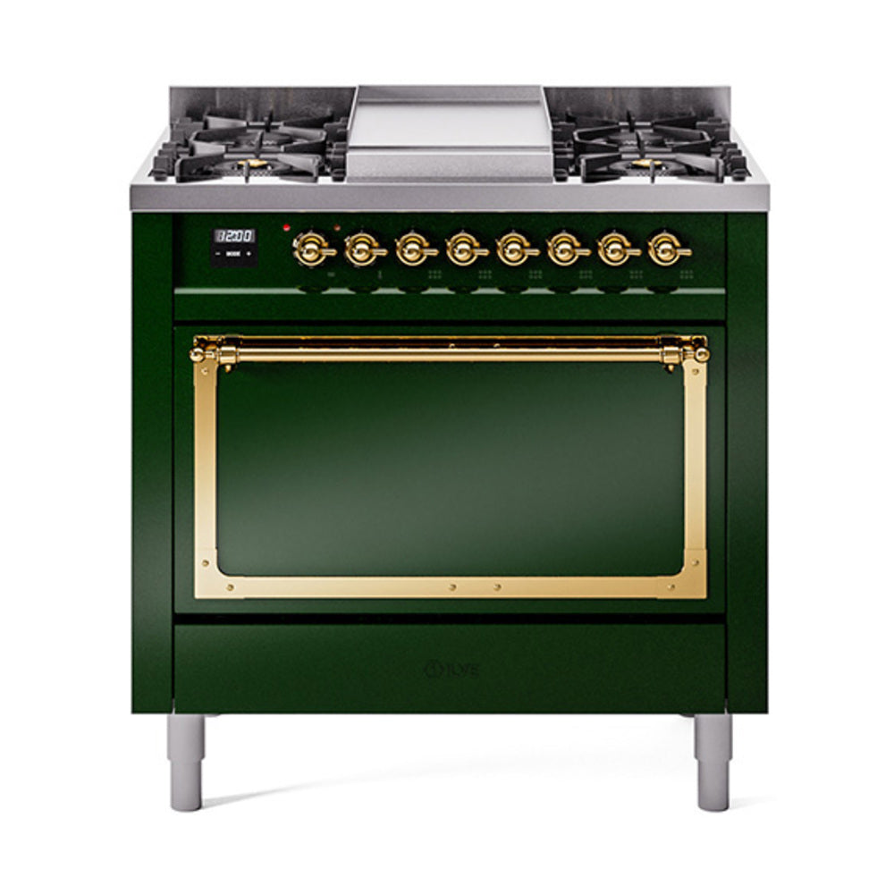 Emerald green dual fuel gas range with brass-trim oven door window and front controls
