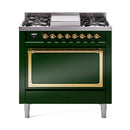 ILVE Nostalgie II Noblesse 36-Inch Propane Gas Dual Fuel Range and Solid Door Oven in Emerald Green with Brass Trim (UN36FQNMPEGGLP)