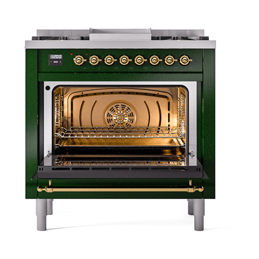 Emerald green dual fuel gas range with open solid-door oven, racks, and brass handle