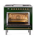 ILVE Nostalgie II Noblesse 36-Inch Propane Gas Dual Fuel Range and Solid Door Oven in Emerald Green with Brass Trim (UN36FQNMPEGGLP)