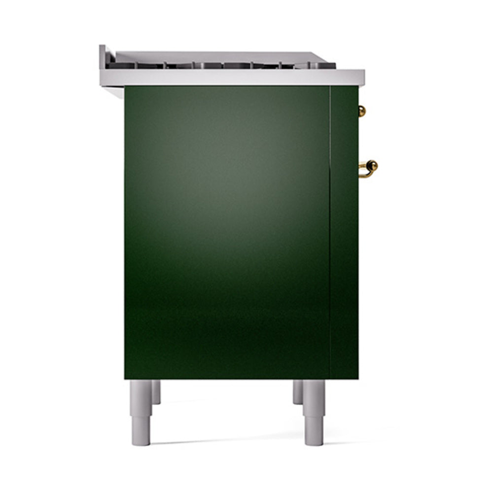 Emerald green oven side panel with brass mounting hardware and white leveling feet