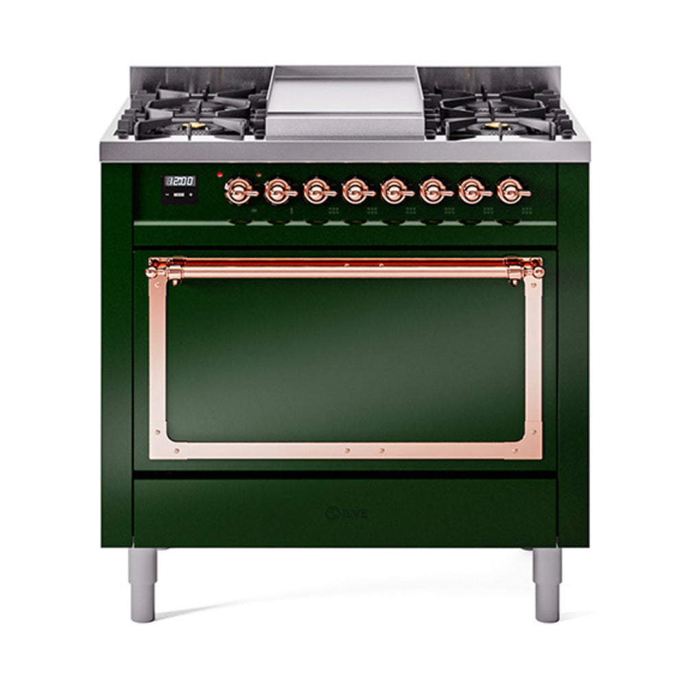 Emerald green dual fuel range with open oven door, copper handle and top burners