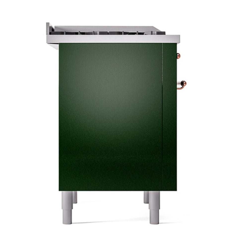 Emerald green range cabinet side panel with copper-trim control knobs