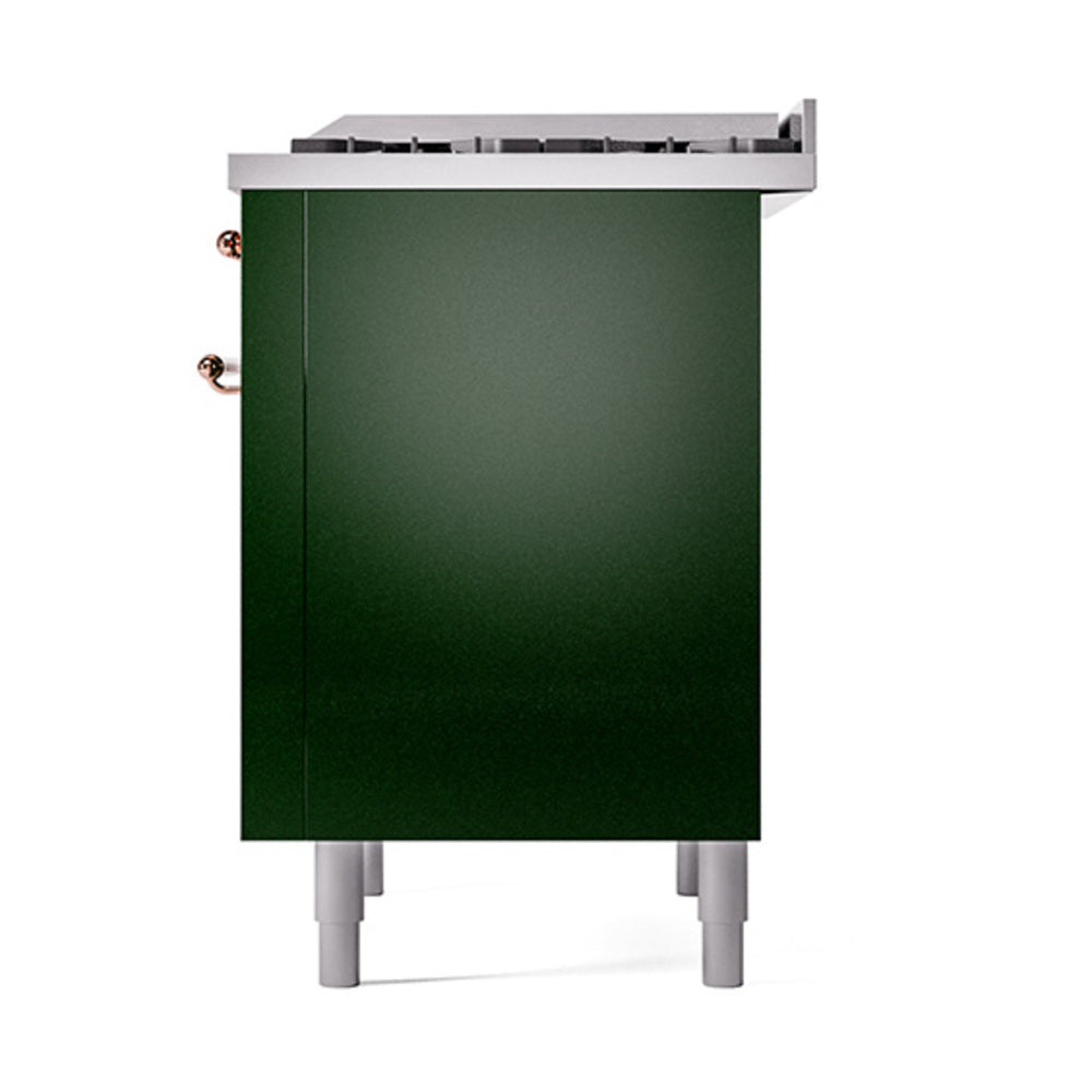 Emerald green range cabinet side panel with copper-trim hardware and legs
