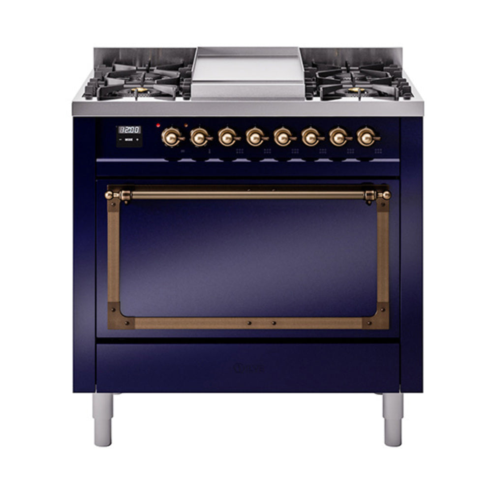 Dual-fuel gas range with oven door, midnight blue body and bronze control knobs