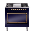 ILVE Nostalgie II Noblesse 36-Inch Propane Gas Dual Fuel Range and Solid Door Oven in Midnight Blue with Bronze Trim (UN36FQNMPMBBLP)
