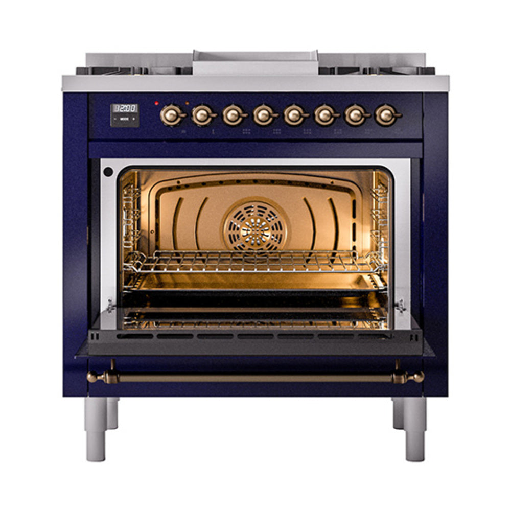 Dual-fuel range oven door open, showing interior rack and burner cavity