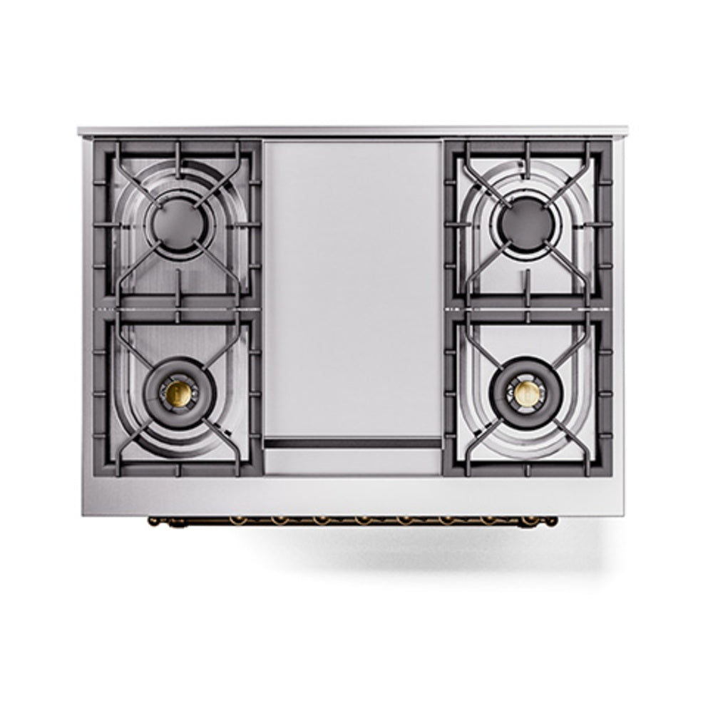 Dual fuel cooktop with four burner grates and cast-iron burner caps