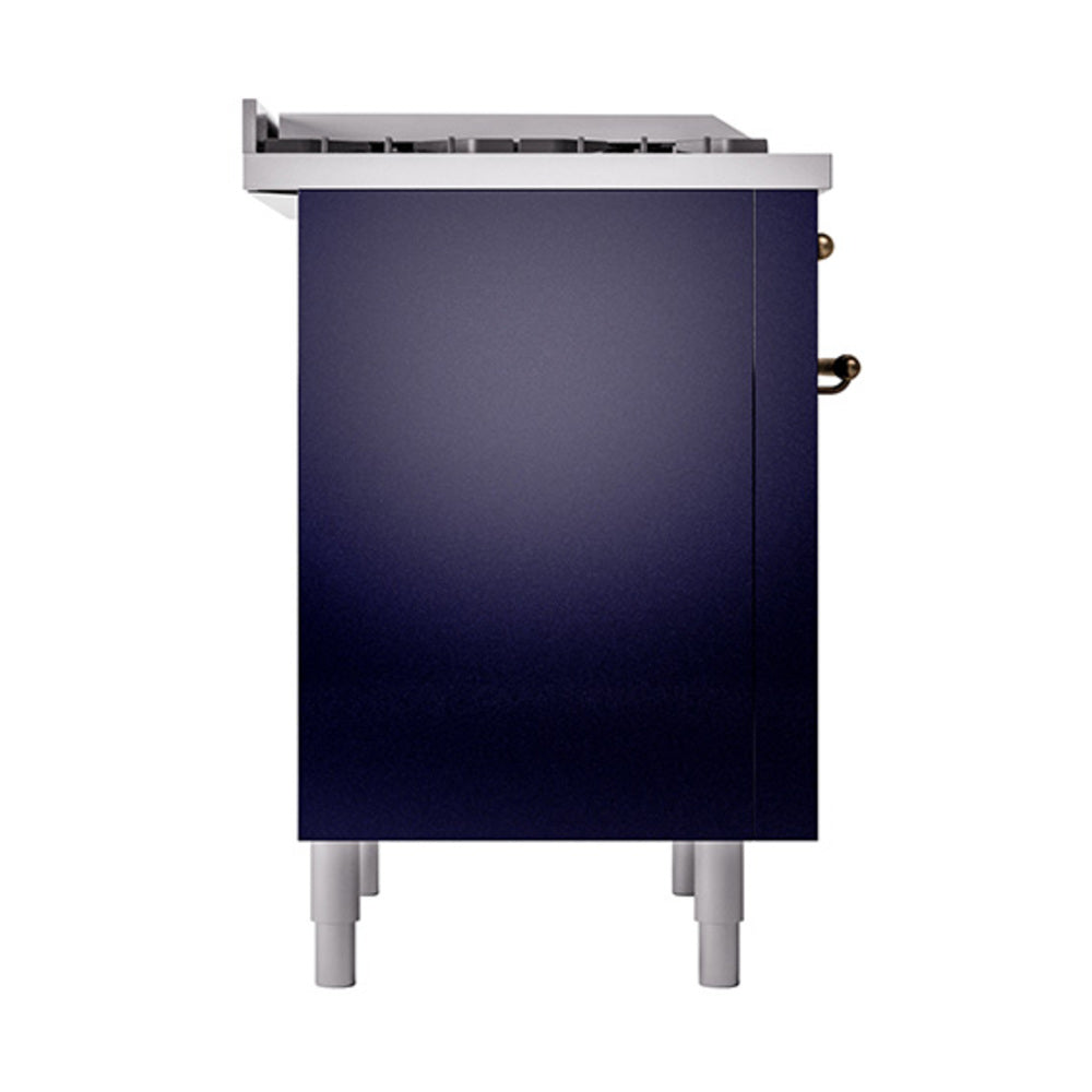 Dual-fuel gas range back panel in midnight blue with bronze side knobs
