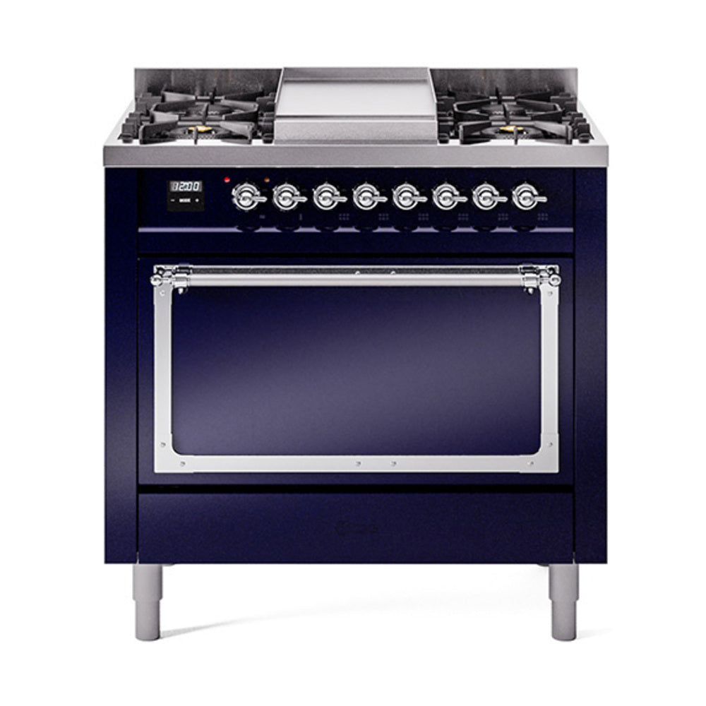 Midnight blue gas range with chrome trim, front controls, and solid oven door window