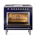 ILVE Nostalgie II Noblesse 36-Inch Propane Gas Dual Fuel Range and Solid Door Oven in Midnight Blue with Chrome Trim (UN36FQNMPMBCLP)