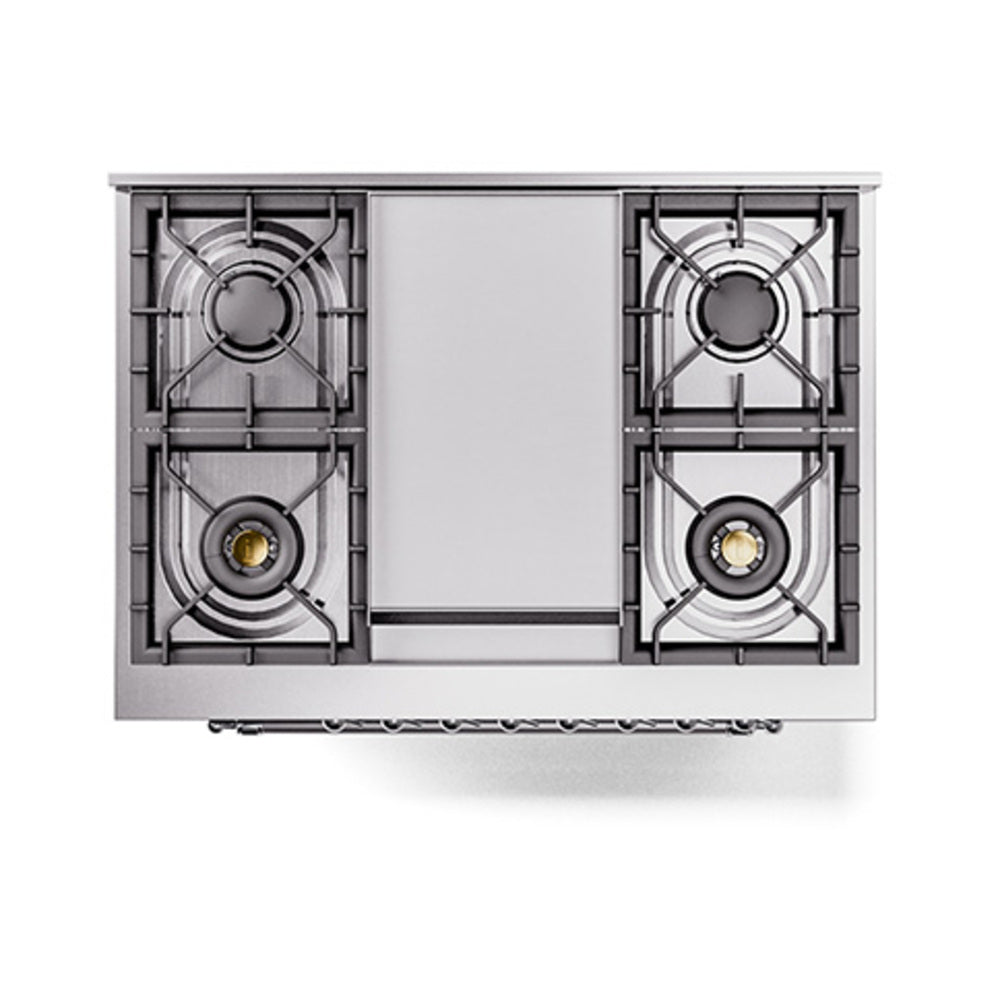 Midnight blue dual-fuel range cooktop with four burners and metal grates, chrome trim