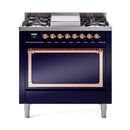 ILVE Nostalgie II Noblesse 36-Inch Natural Gas Dual Fuel Range and Solid Door Oven in Midnight Blue with Copper Trim (UN36FQNMPMBP)