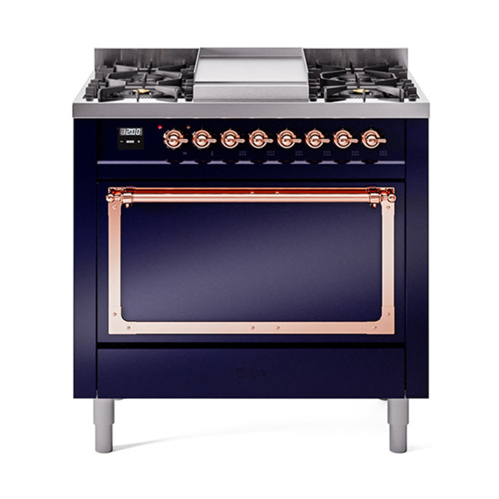 36-inch dual fuel range in midnight blue with copper trim, stovetop and oven door