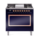 ILVE Nostalgie II Noblesse 36-Inch Propane Gas Dual Fuel Range and Solid Door Oven in Midnight Blue with Copper Trim (UN36FQNMPMBPLP)