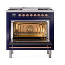 ILVE Nostalgie II Noblesse 36-Inch Propane Gas Dual Fuel Range and Solid Door Oven in Midnight Blue with Copper Trim (UN36FQNMPMBPLP)