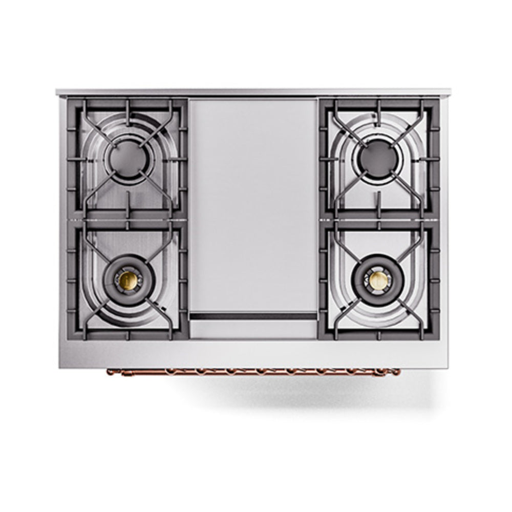 Double-burner cooktop view with two centered grates on a stainless frame.