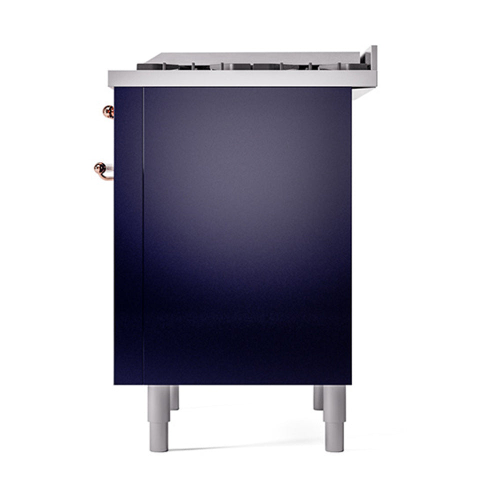 Midnight blue range side panel with copper control knobs and front edge