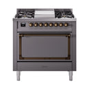 ILVE Nostalgie II Noblesse 36-Inch Propane Gas Dual Fuel Range and Solid Door Oven in Matte Graphite with Bronze Trim (UN36FQNMPMGBLP)