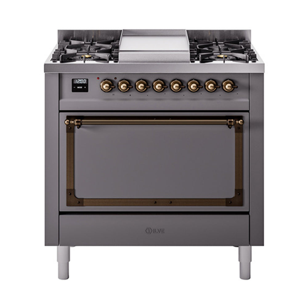 ILVE dual fuel range with matte graphite finish, bronze trim, closed oven door