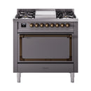 ILVE Nostalgie II Noblesse 36-Inch Natural Gas Dual Fuel Range and Solid Door Oven in Matte Graphite with Bronze Trim (UN36FQNMPMGB)